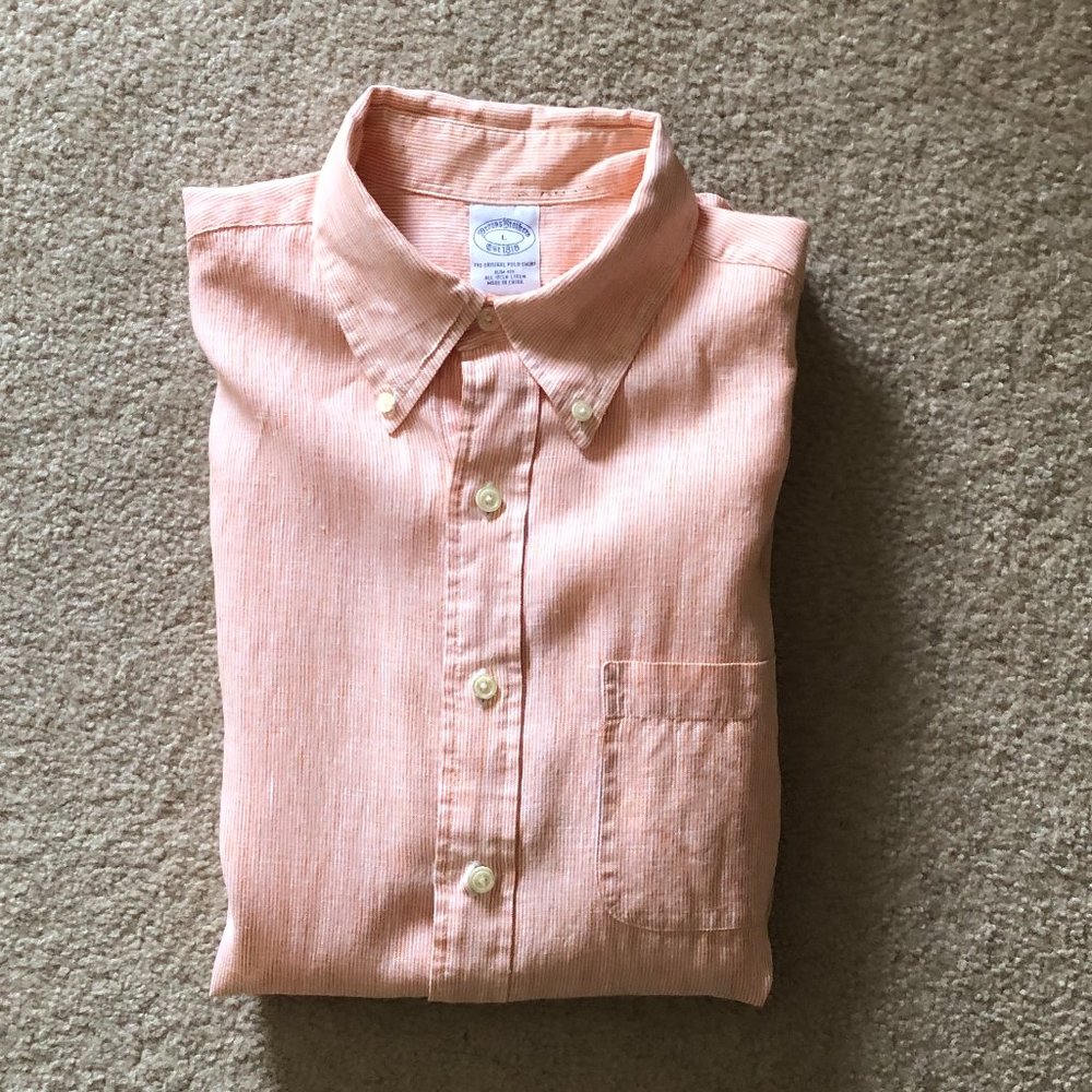 Brooks Brothers Orange Linen Short Sleeve Shirt - Size: Large